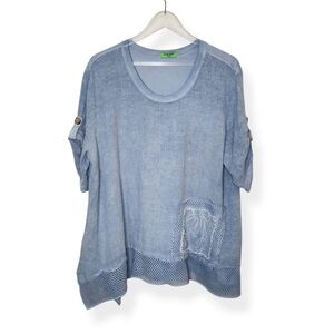 For Her Paris Women's Cotton Linen Blend Blue Short Sleeve Lagenlook Top Shirt